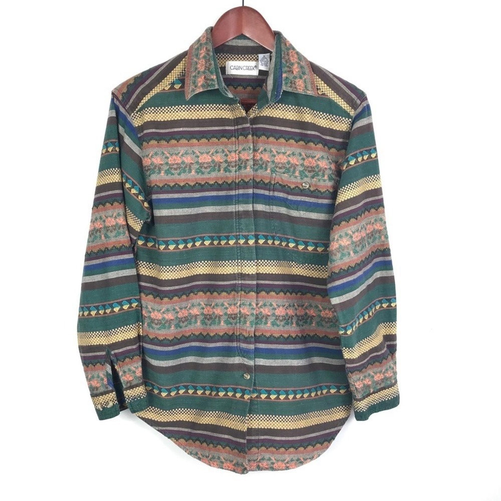 Vtg Cabin Creek Womens Embroidered Aztec Button 100 Cotton Shirt M Heritage